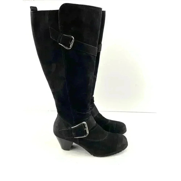 Paul Green Black Suede Leather Women's Boots 5 Kimberly Knee High Buckle Zipper - Picture 16 of 16